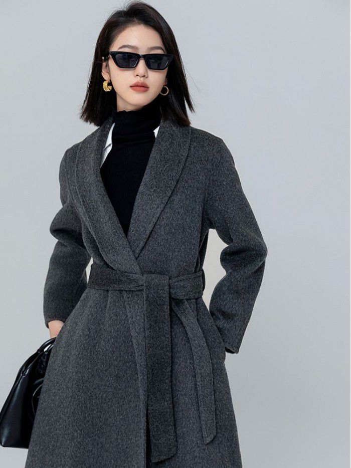 Camel velvet green fruit collar tie up long coat, loose and slimming for commuting women, double-sided woolen coat for women