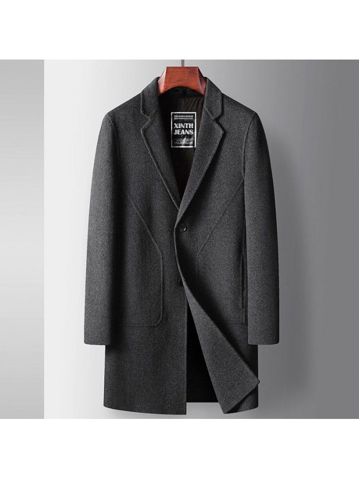 Men's coat autumn and winter medium length wool windbreaker with detachable down inner lining, youth business double-sided woolen warm coat