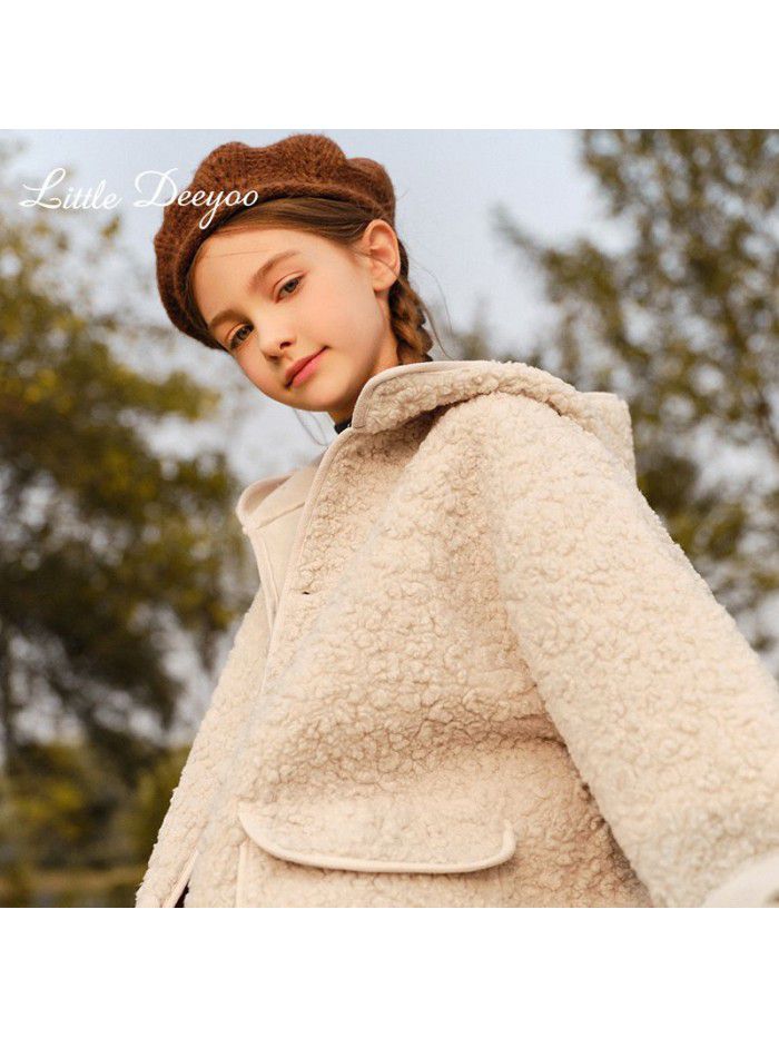 Girls' medium length granular plush jacket, winter new westernized style, children's lamb fur and fur all in one