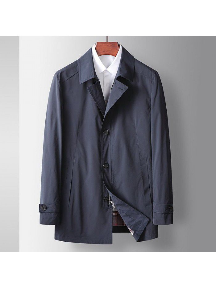 Men's Windbreaker Spring and Autumn New Flip Collar Mid length Casual Windbreaker Solid Color Middle Youth Men's Business Coat