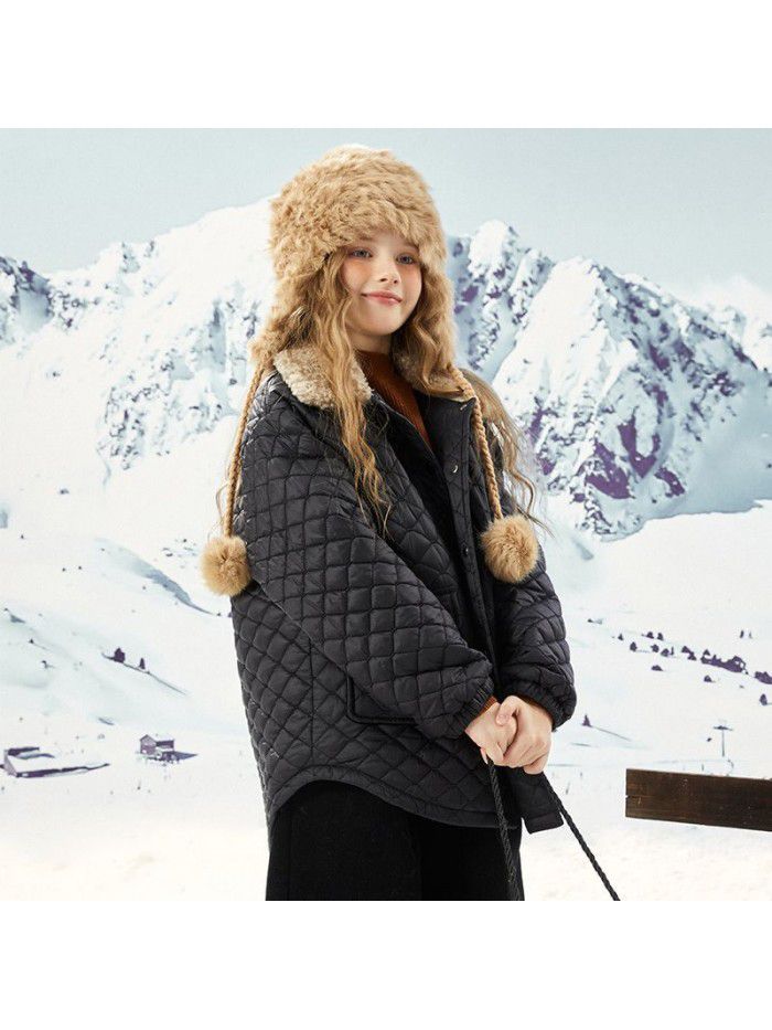 Girls' autumn and winter cotton clothing, big children's lamb wool collar jacket, children's western-style thin style cotton jacket trend