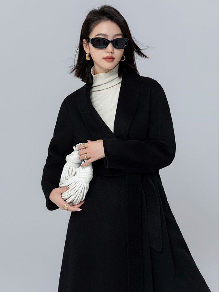 Camel velvet green fruit collar tie up long coat, loose and slimming for commuting women, double-sided woolen coat for women