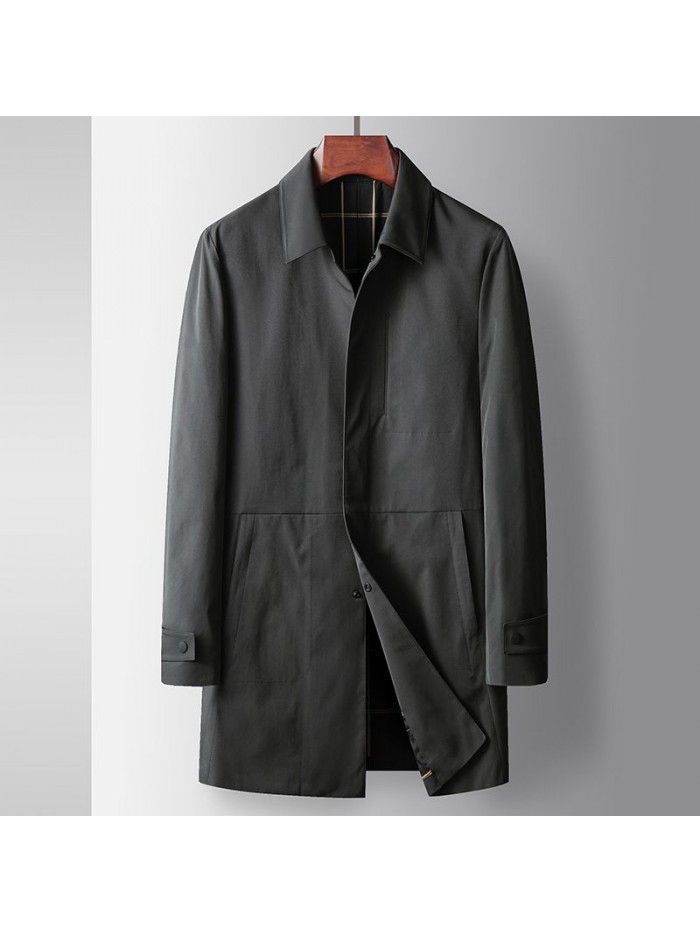 Men's Trench Spring and Autumn New Youth Light Luxury Business Leisure Mid length Flip Collar Non iron Trench Coat