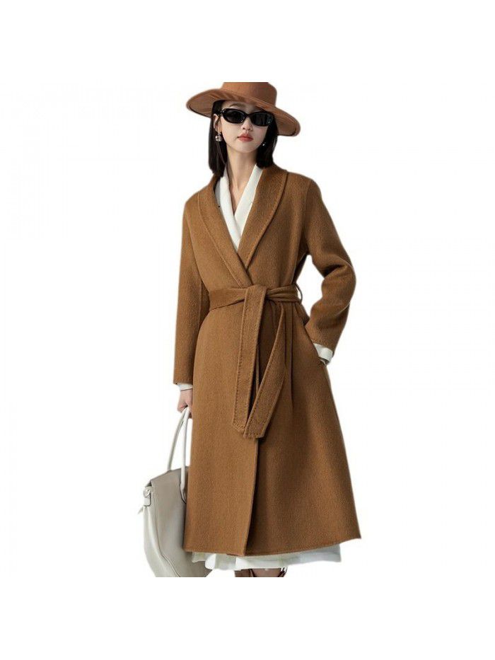 Camel velvet green fruit collar tie up long coat, loose and slimming for commuting women, double-sided woolen coat for women