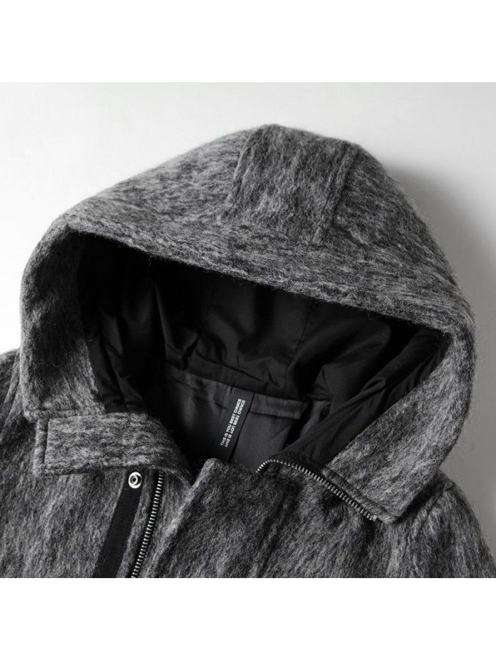 Men's coat autumn and winter long hooded wool windbreaker youth business thickened solid color casual warm coat