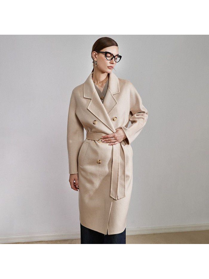 Double sided cashmere coat for women's mid length drawstring to show temperament woolen coat