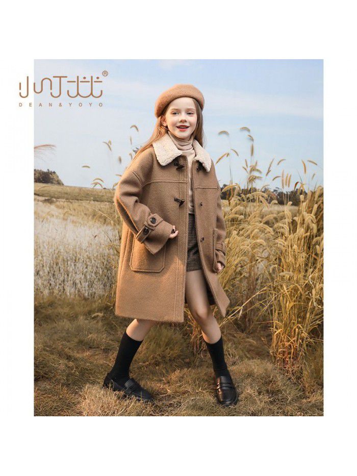 Girls' woolen coat, winter clothing, new children's coat, stylish, medium to long, thick cotton jacket for big children