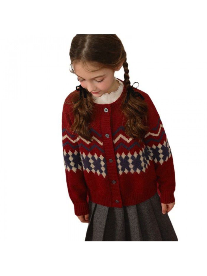 Girl's Winter Christmas Red Sweater New Children's Fashionable Big Boys Knitted Cardigan New Year's Clothing