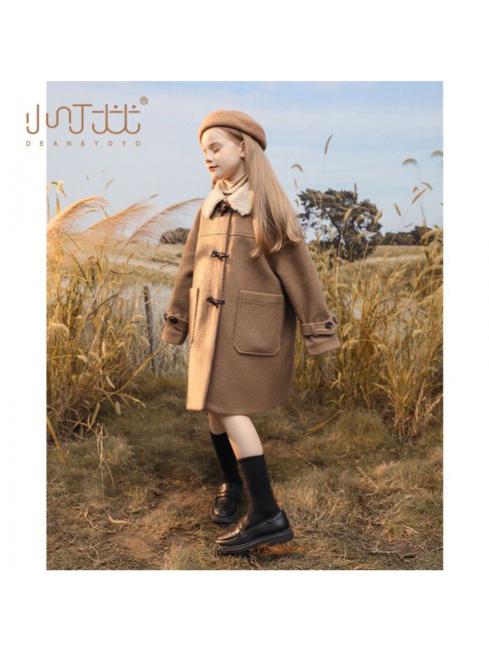 Girls' woolen coat, winter clothing, new children's coat, stylish, medium to long, thick cotton jacket for big children