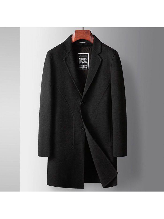 Men's coat autumn and winter medium length wool windbreaker with detachable down inner lining, youth business double-sided woolen warm coat