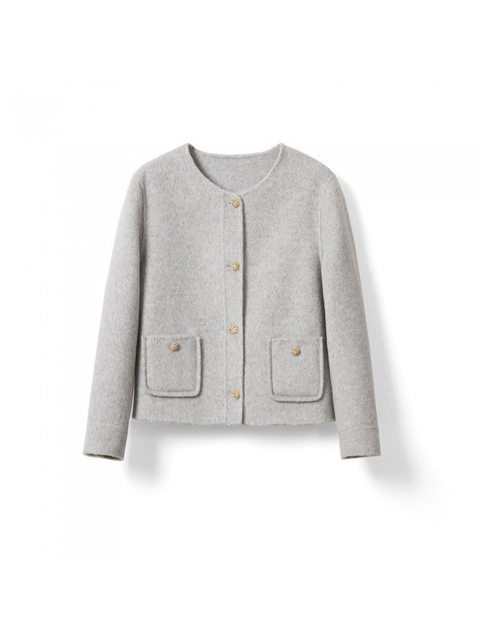 Autumn and winter cashmere coat, double-sided woolen coat, single breasted short round neck coat, cardigan