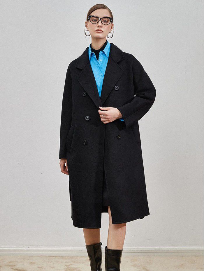 Double sided cashmere coat for women's mid length drawstring to show temperament woolen coat
