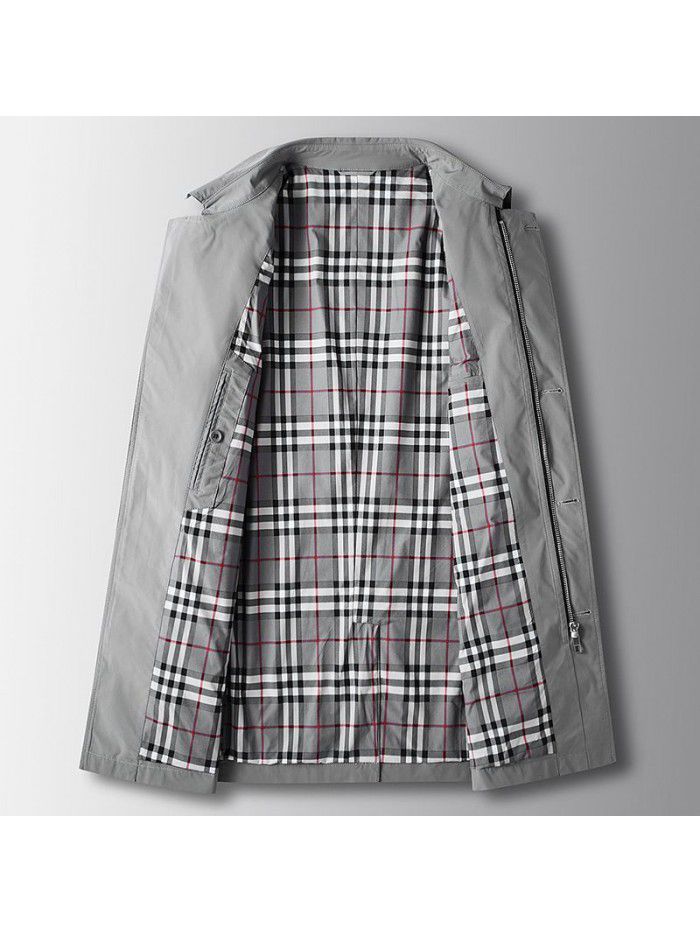 Men's Windbreaker Spring and Autumn New Flip Collar Mid length Casual Windbreaker Solid Color Middle Youth Men's Business Coat