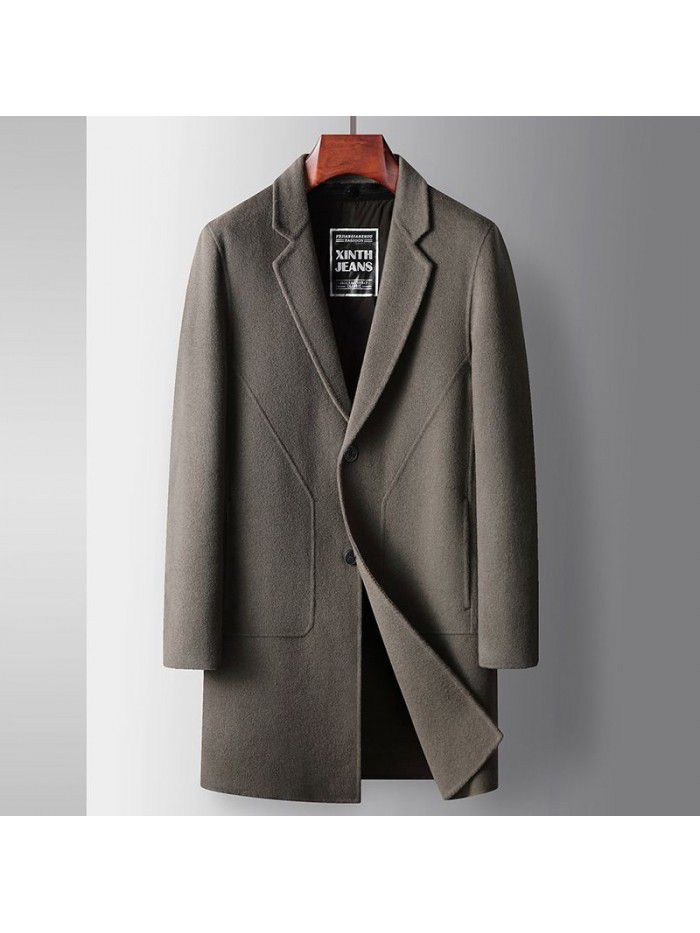 Men's coat autumn and winter medium length wool windbreaker with detachable down inner lining, youth business double-sided woolen warm coat