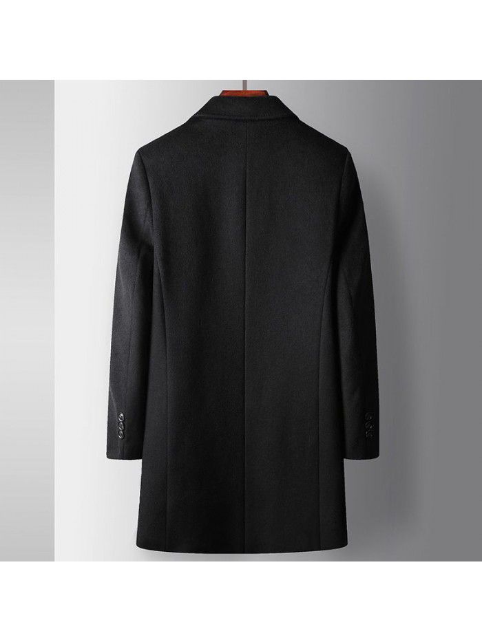 Men's coat autumn and winter mid length flip collar with cotton clip, thickened wool single side windbreaker, middle-aged business warm coat