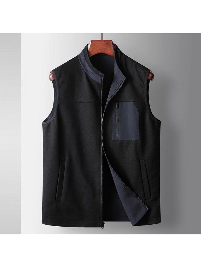 Men's casual vest, spring and autumn, slightly elastic standing collar, double-sided top, middle-aged and young light luxury business casual coat