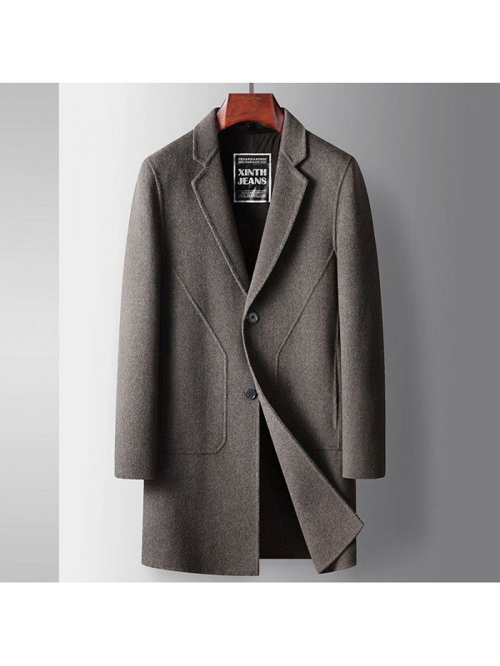 Men's coat autumn and winter medium length wool windbreaker with detachable down inner lining, youth business double-sided woolen warm coat
