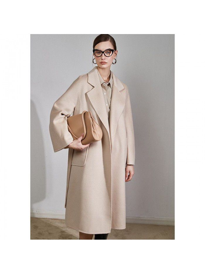 Double sided cashmere coat for women's mid length drawstring to show temperament woolen coat