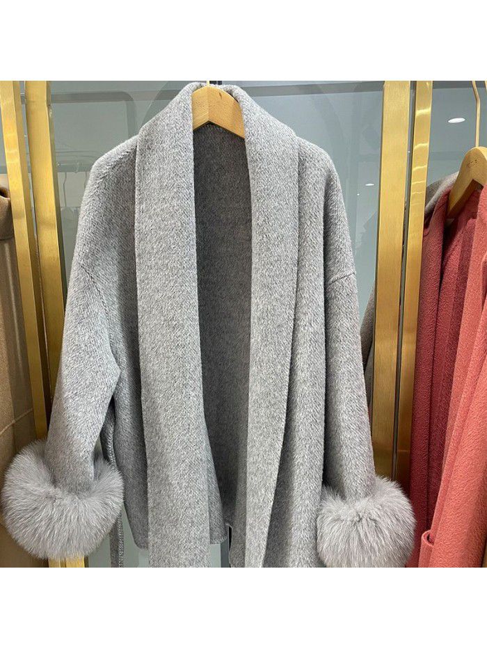 Autumn and winter camel fur double-sided woolen coat, wool coat, short fox fur, small coat for women