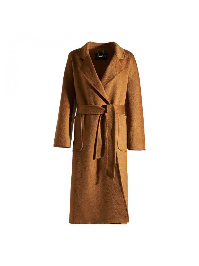 Double sided cashmere coat for women's mid length drawstring to show temperament woolen coat